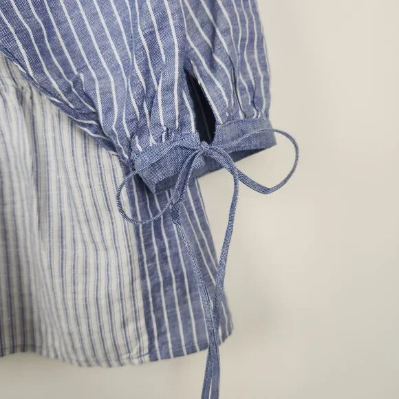 JW Anderson Uniqlo Sz L Linen Blend Boho Blue White Striped Tie Neck Top Blouse - Picture 4 of 7